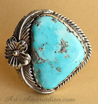 Bague Western Country en argent massif et turquoise bleu ciel clair, ornée de plumes, fleur cactus, corde en argent, bijou fabriqué aux USA