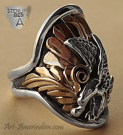 Bague amérindienne Navajo en argent et or  (ou bronze) représentant un aigle, bijou amérindien signé A.