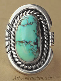 Bague ethnique amérindienne Navajo, argent et turquoise symbole corde et soleil