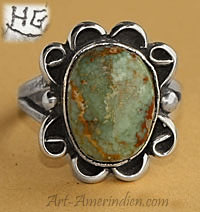 Bague Navajo en argent massif avec turquoise verte Kingman Mine, bijou ethnique Amérindien signé HG