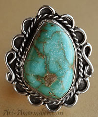 Bague amérindienne Navajo, symboles chamaniques, turquoise et argent massif