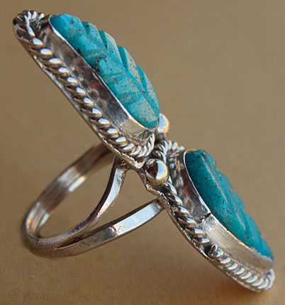 Zuni indian native ring with 2 engraved turquoises, silver rope and drops