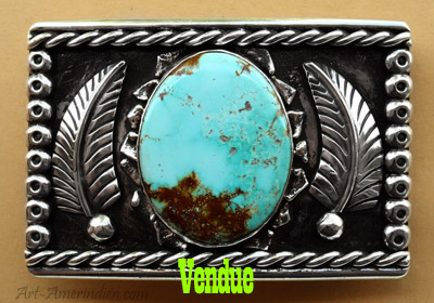 Boucle de ceinture amérindienne south western américaine en argent massif et turquoise, bijou ethnique Navajo