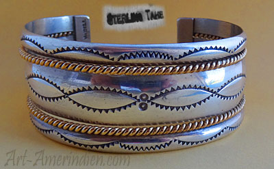 Bracelet amérindien en argent massif et Or 12 carats GF, bijou Navajo signé Tahe