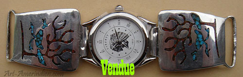 Montre amérindienne pour femme, bracelet extensible, bijou Western amérindien tribal Navajo Argent incrusté de turquoise et corail