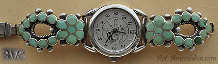 Montre South Western Amerindienne Zuni, bracelet extensible, plaques en argent massif ornées de fleurs en turquoises serties