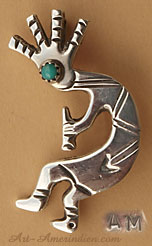 Pendentif Navajo, Kokopelli Dancer en argent avec turquoise, bijou ethnique amérindien signé AM